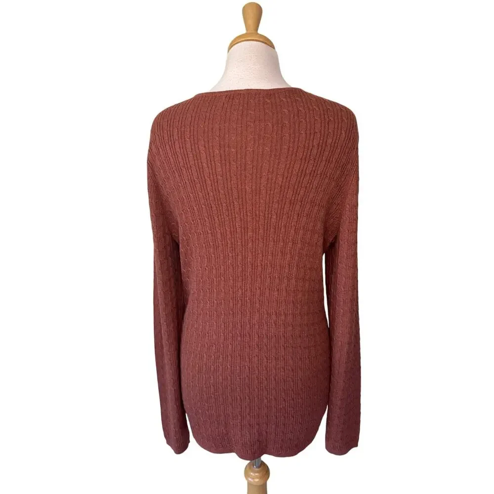 PERUVIAN CONNECTION Pima Cotton Cable Knit Crewneck Sweater Brick Brown Size XL